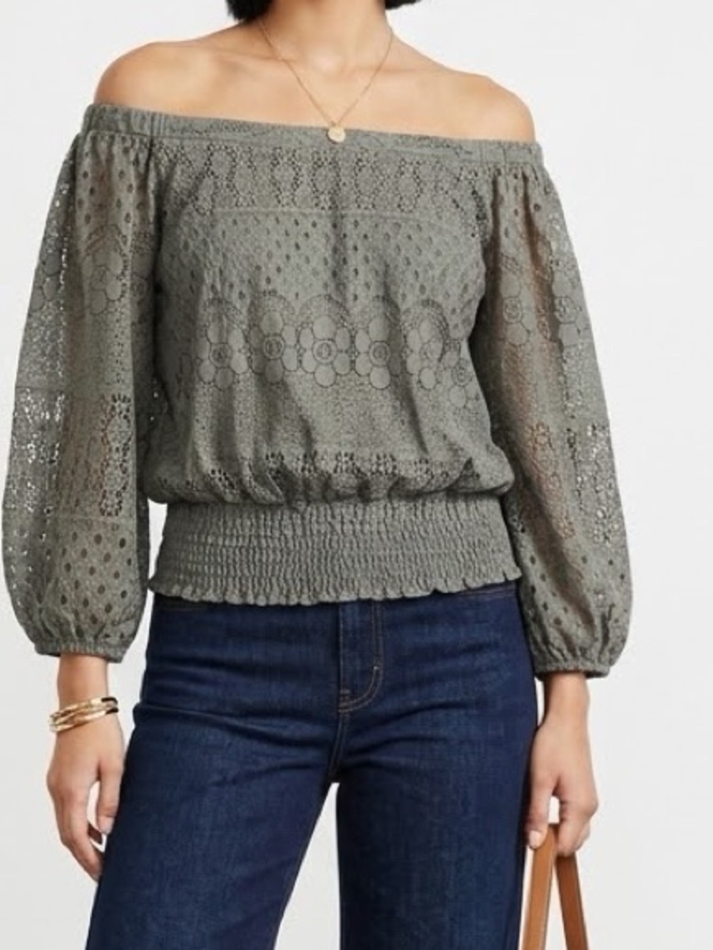ANNALEE + HOPE Lace Cotton Blend Grey Off-Shoulder Eyelet Blouse Top — #LHP